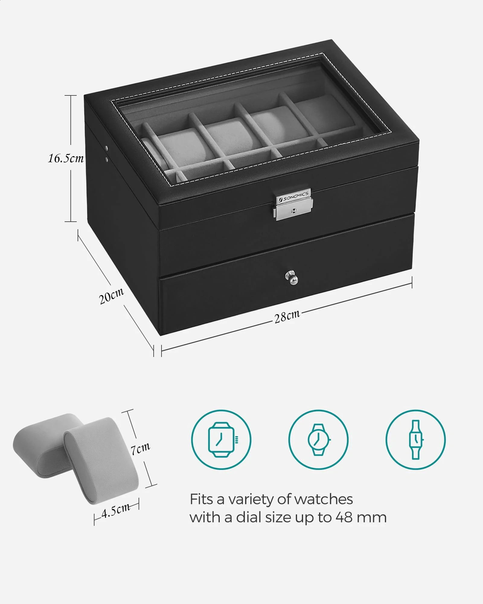 20 slot watch manager case with glass cover 2 layers lockable display black synthetic leather gray 240912