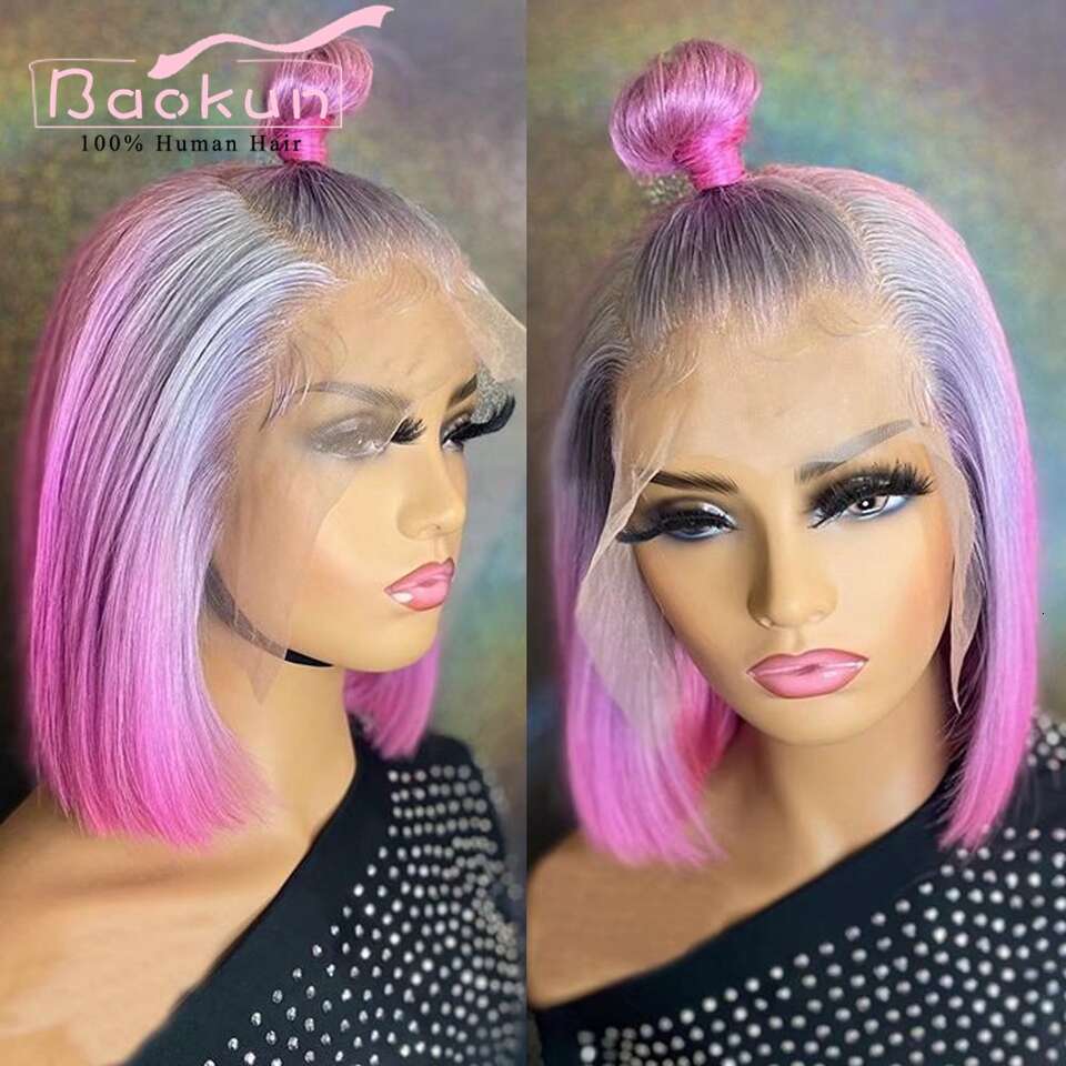 13X4 Colored Short Bob Front Wigs Yellow Ginger Highlight HD Transparent 360 Lace Frontal Wig Human Hair