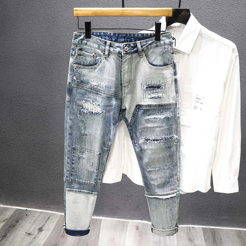 trend for autumn and winter mens straight slim fit jeans with torn hole patches retro cool and fashionable patchwork denim pants 240918