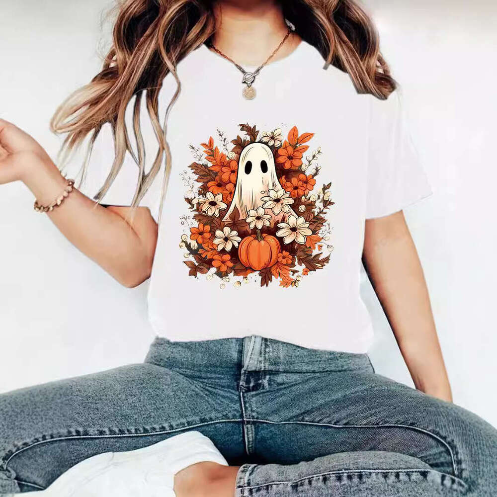 Hallowmas Summer Girl Ghost Flower Pattern Round Neck Short Sleeve Casual Fashion Halloween T-shirt
