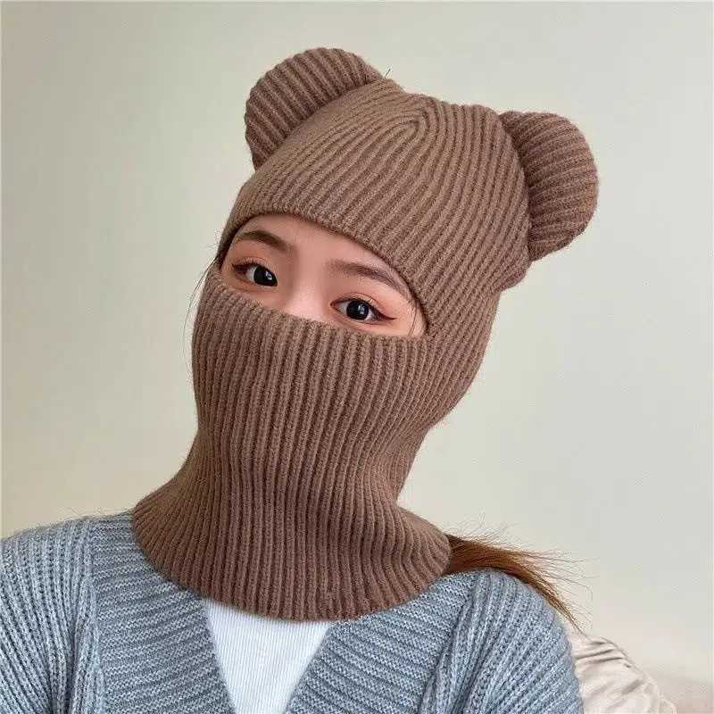 Beanie/Skull Caps New Womes cute full face ski mask hat with bear ears Balaclava knit hat windproof skull hat Beanies hat winter warmth J240913