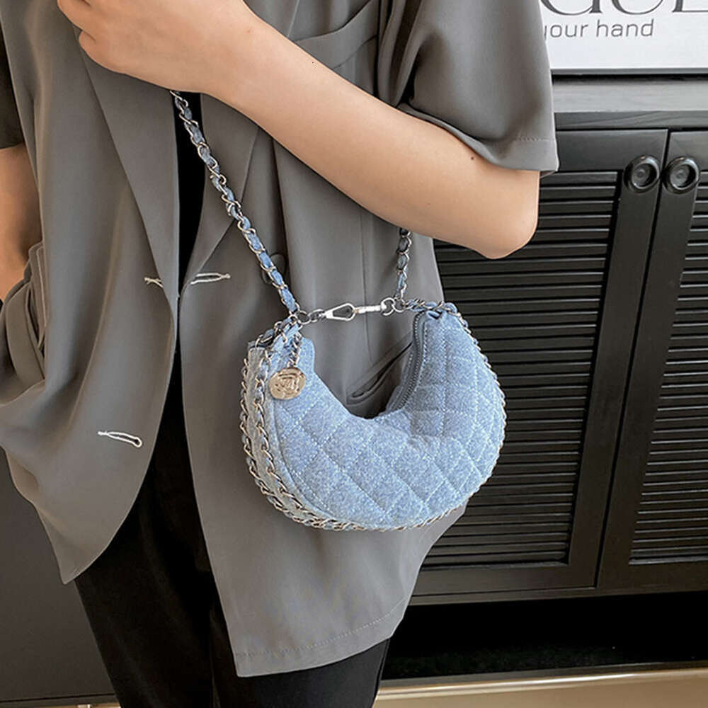 Designer Denim Brand Plaid Quilted Women's Shoulder Casual Chains Half Moon Crossbody Bag Ladies Handbag 2024 Trend Clutch 5077