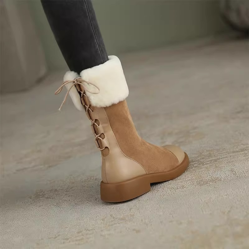 Soft leather and plush midsole snow 2024 winter new fur integrated thick soled short boots