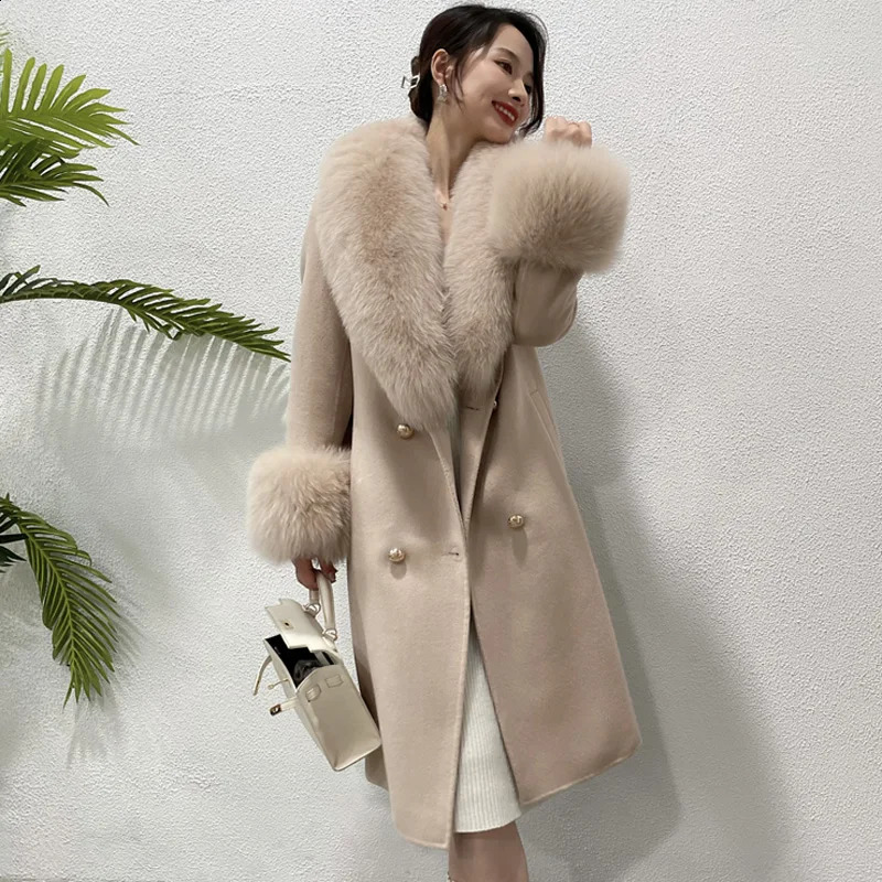 Long cashmere coat womens winter jacket with real fox fur collar fashionable wool blend streetwear 240911