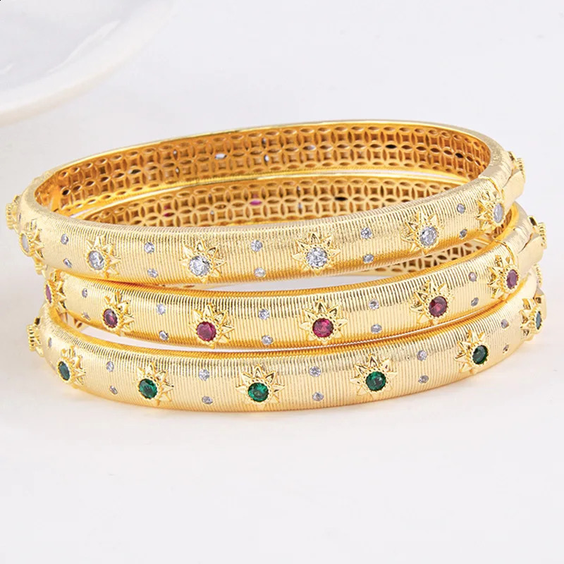 14 18k Real Gold Plated Metal Emerald Ruby Sapphire CZ Zircon Cuff Bangle Women Gift er Italy Egypt Vintage Jewelry 240910