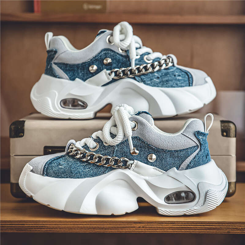 Fashion Blue Denim Casual Original Designer Platform Shoes Men Increase Heel Hip Hop Chunky Sneakers Mens Trainers