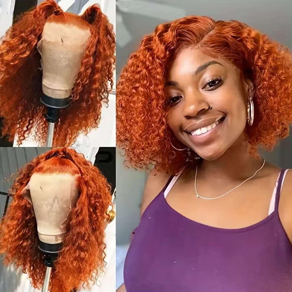 250 Density Orange Ginger 13X6 Frontal Wigs Short HD Deep Wave Human Hair Remy Brazilian 13X4 Bob Curly Lace Front Wig