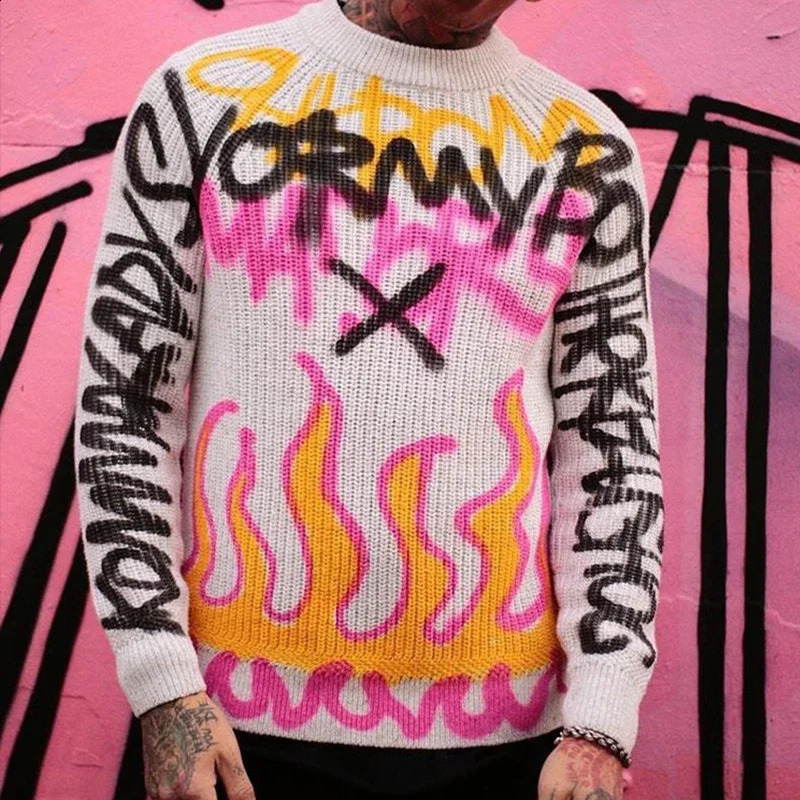 Hip Hop Knitted Vintage Streetwear Couple Tops Winter Goth Casual O-Neck Pullover Sweaters Men Women Harajuku Unisex Y2K Clothe 240912