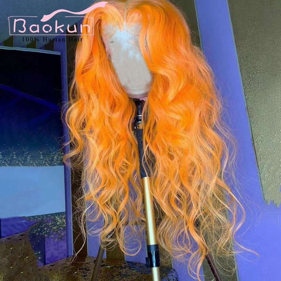 Pre Plucked 13X4 Orange Front Human Hair Colored Loose Wave 13X6 HD Frontal Wig Transparent Lace Wigs For Women