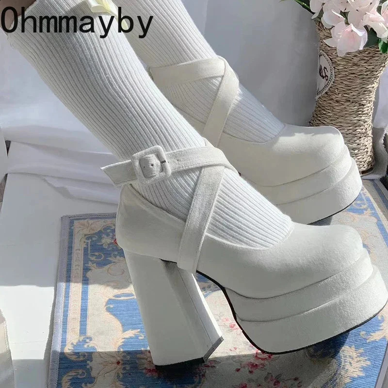 er Platform Womens Mary Jane Shoes Fashion Elegant Cross Belt Thick High Heels Womens College Style Dresses Pump Shoes 240914