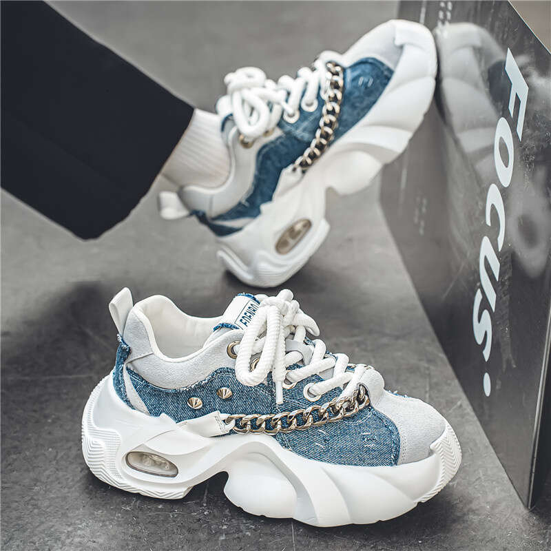 Fashion Blue Denim Casual Original Designer Platform Shoes Men Increase Heel Hip Hop Chunky Sneakers Mens Trainers