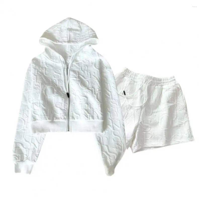 Women's Tracksuits 2 Pcs/Set Women Hoodie Shorts Suit Hooded Zip-up Long Sleeves Solid Color Short Coat Elastic High Waist Trousers Sport