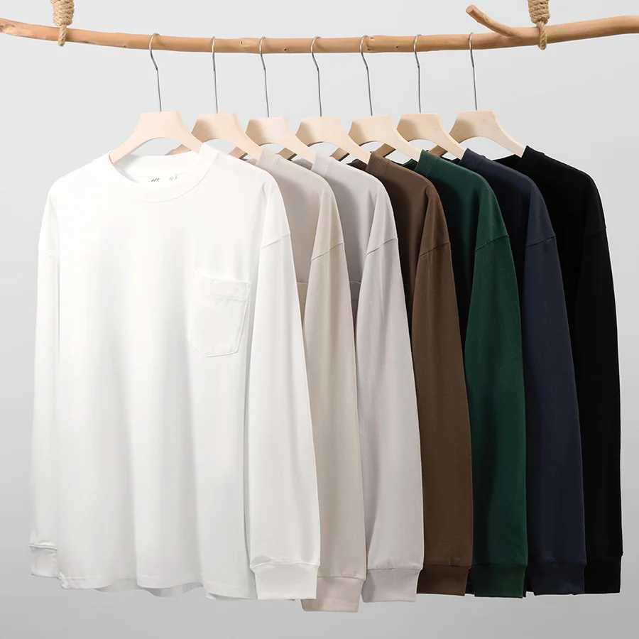Oversize 100% Cotton Pocket Long Sleeved T-shirt for Men and Womens Spring Casual Round Neck Bottom Tops Solid Sweatshirts Z240918