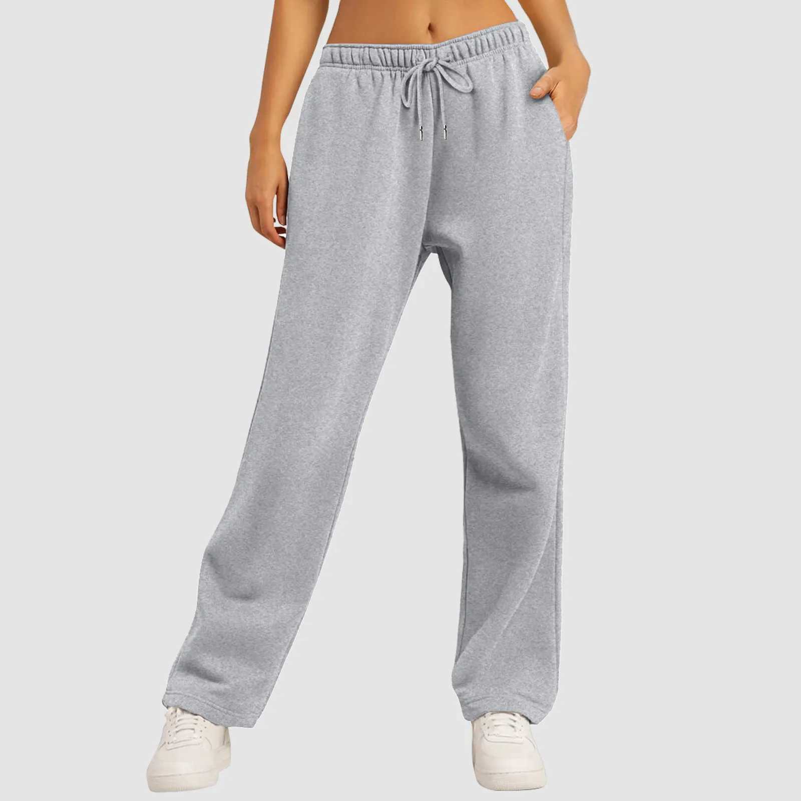 Grey White Black Women Casual Long Pants Elastic High Waist Drawstring Wide Leg Trousers Loose Sport Yoga Sweatpants With Pocket M240918