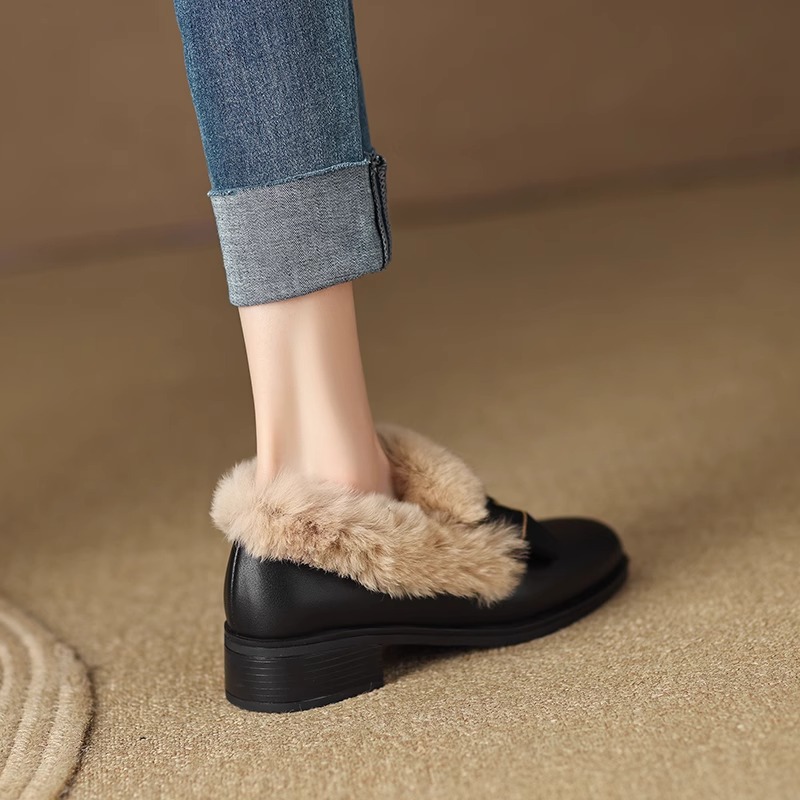 French retro soft leather thick heel with velvet loafers for women in winter butterfly knot small leather shoes cotton shoes for outerwear hairy singl