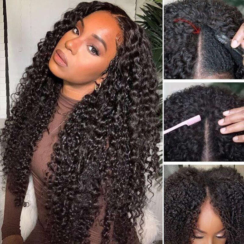 V Part Wig No Leave Out Brazilian Wave Human Hair For Women Deep Curly Wigs Virgin Hair 250% Density