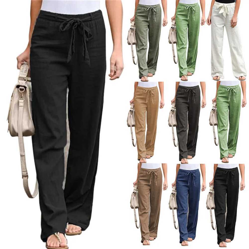 Women Cotton Linen Wide Leg Pants Casual Loose Elastic Waist Straight Trousers Female Solid Oversize Sweatpants Streetwear M240918