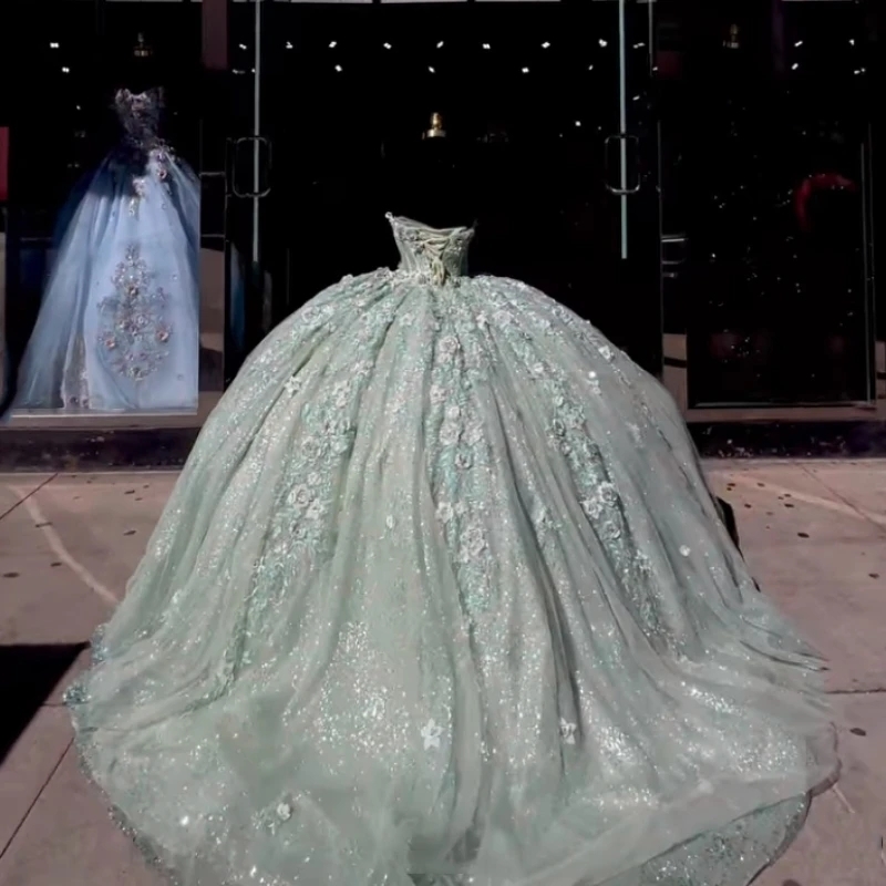 Mexico Green V-Neck Ball Gown Quinceanera Dresses For Girls Beaded Appliques Lace Tull Birthday Party Gowns Swee 16 Dress Vestidos De 15 Anos