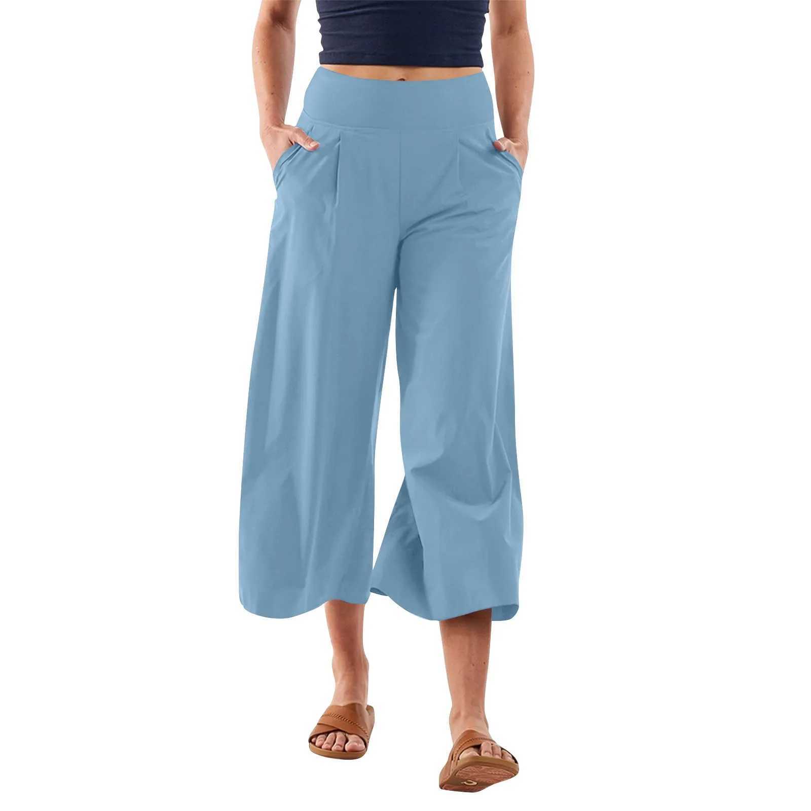 Womens Summer High Waisted Pants Casual Wide Leg Yoga Pants Loose Soft Cropped Culottes Gaucho Pants M240918