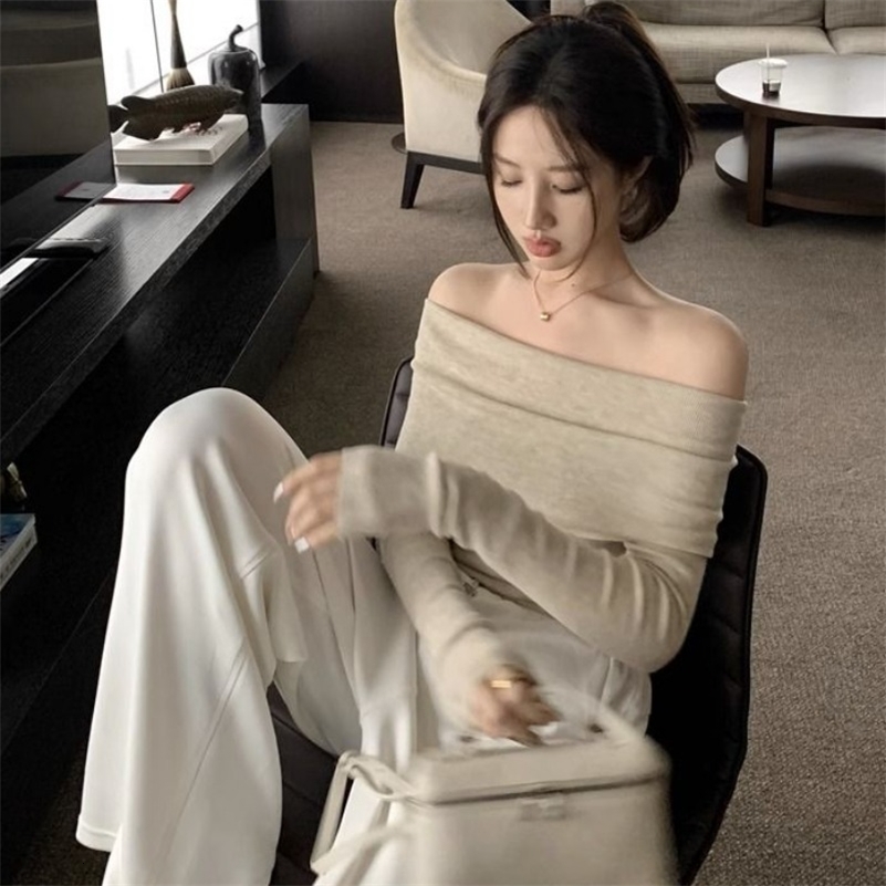 Slash Neck Pullovers Women Short Knitted Thin Slim Defined Waist Basic All-match Sexy Elegant Off Shoulder Autumn Winter Female 240911