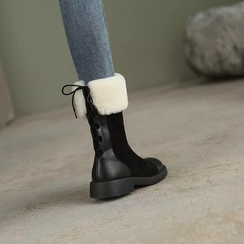 Soft leather and plush midsole snow 2024 winter new fur integrated thick soled short boots
