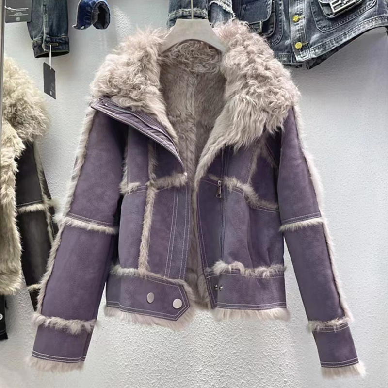 2024 Autumn Short Style Women Sheepskin Jacket Tanned Suede With 100%Natural Rabbit Ing Fashion Fur Coat