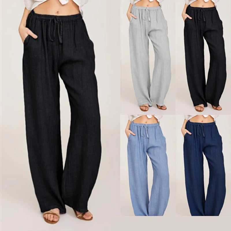 Women Cotton Linen Wide Leg Pants Casual Loose Elastic Waist Straight Trousers Female Solid Oversize Sweatpants Streetwear M240918
