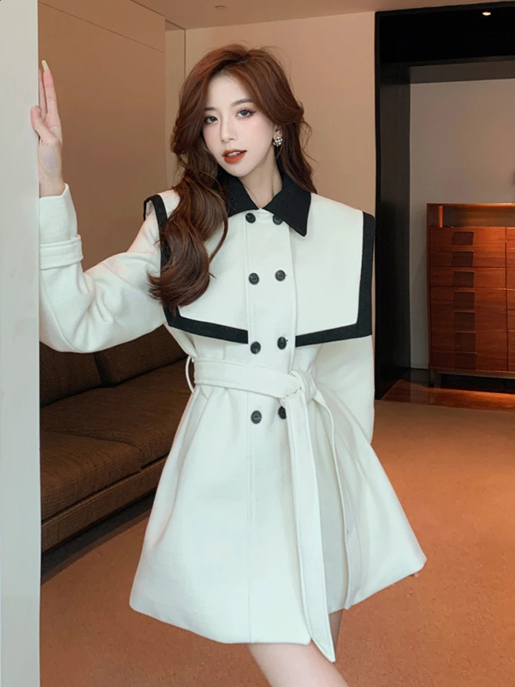 Womens casual lace double chest high waist short dress autumn high-end feeling patch work polo neck dress 240914