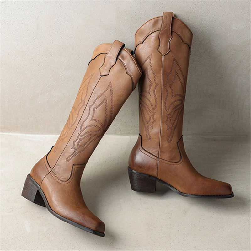 Genuine leather womens knight boots with thick heels square toes embroidered western cowboy boots womens fully matched casual long Botas 240914