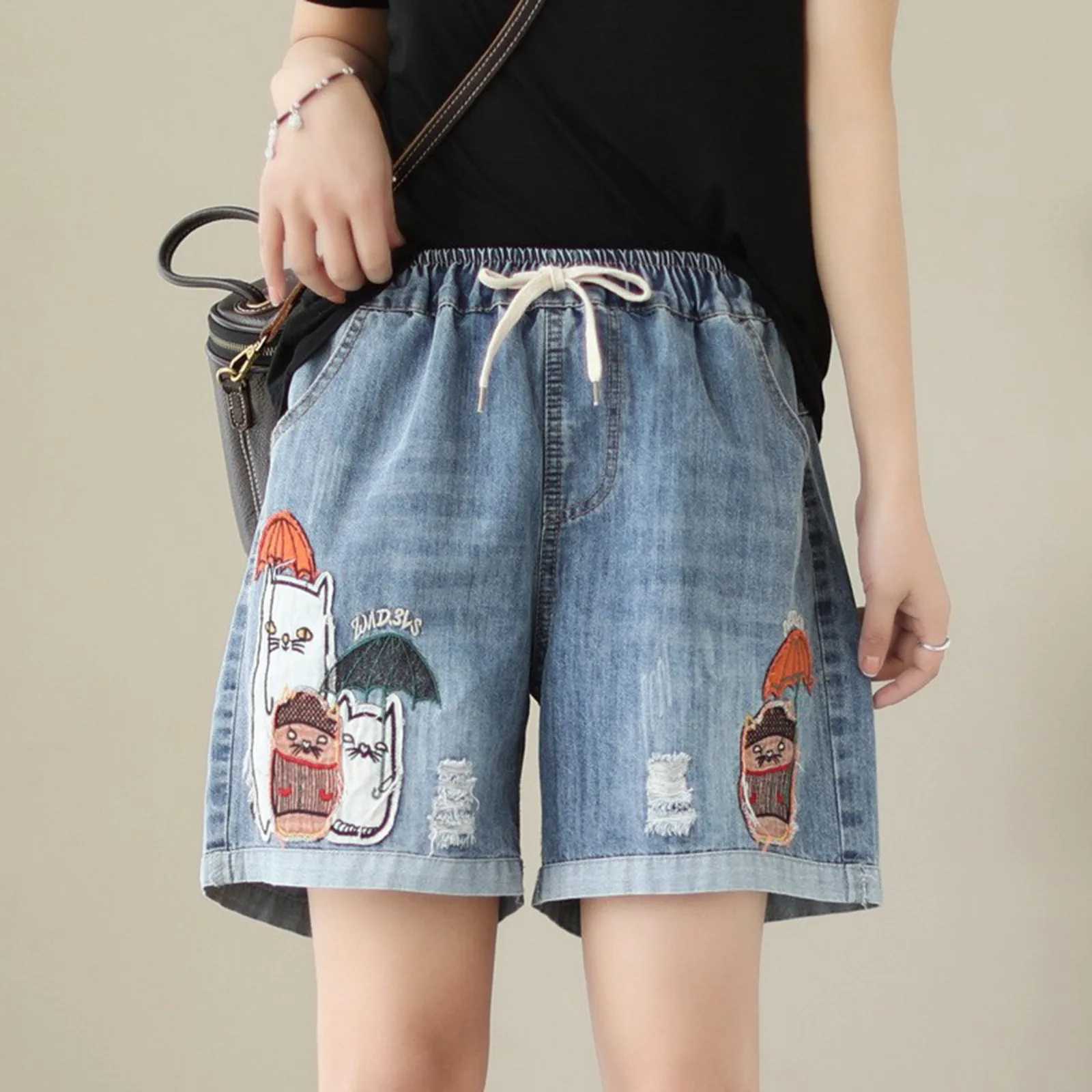 Ethnic Style Funny Cartoon Printed Wide Leg Shorts For Women Jeans Rolled Up Elastic Waist Bandage Y2k Shorts Baggy Denim ShortsX240918