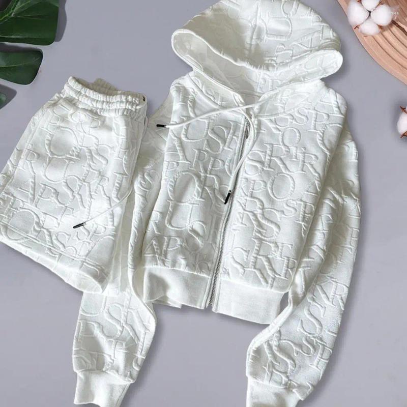 Women's Tracksuits 2 Pcs/Set Women Hoodie Shorts Suit Hooded Zip-up Long Sleeves Solid Color Short Coat Elastic High Waist Trousers Sport