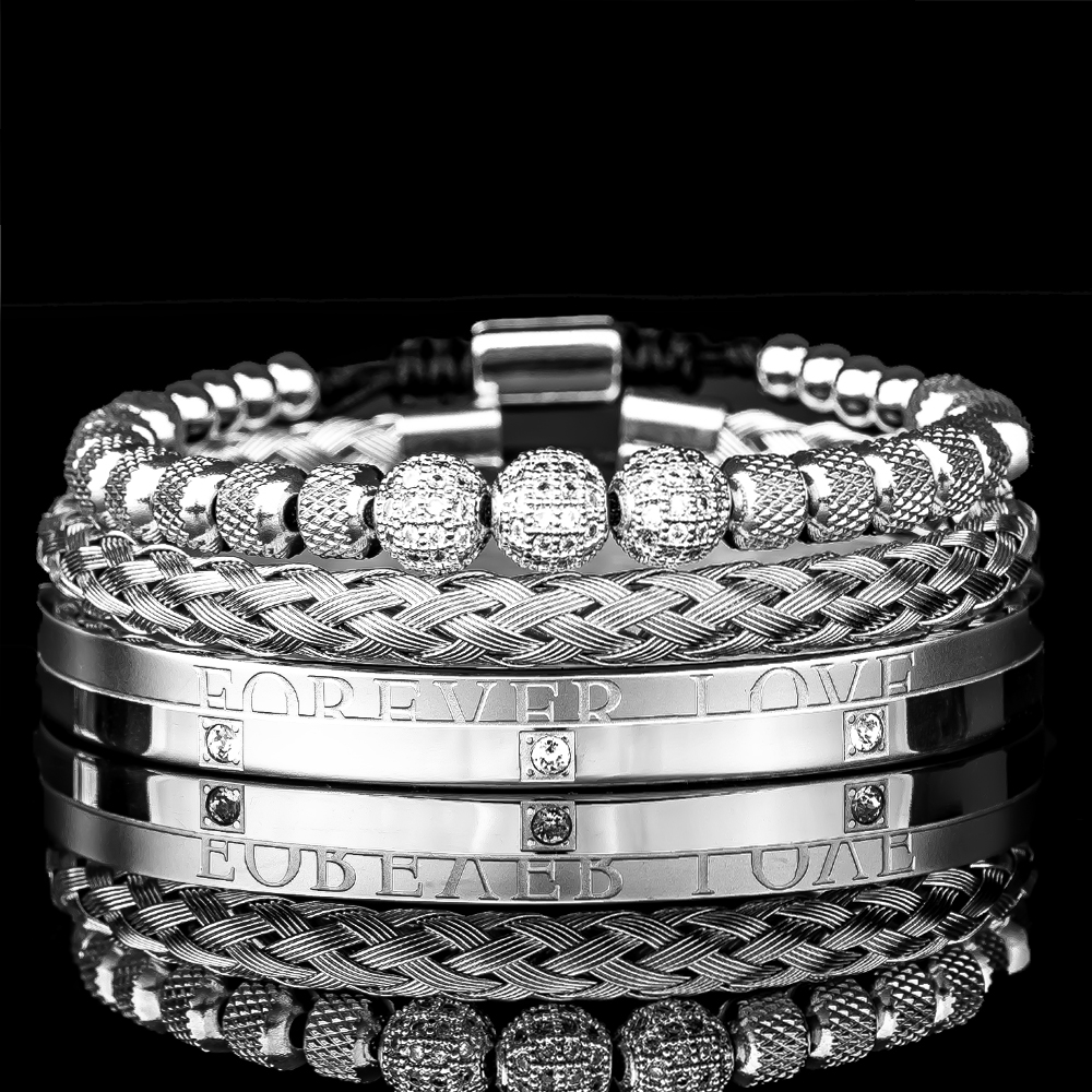 3pcs/set Men Bracelets Luxury Micro Pave CZ Round Beads Royal Charm Men Link Bracelets Stainless Steel Crystals Bangles Couple Handmade Jewelry Gift