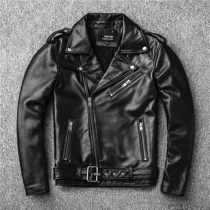 Classical Perfecto Motorcycle Leather New Zealand Sheepskin Men Black Genuine Leather Coat Slim Moto Jacket