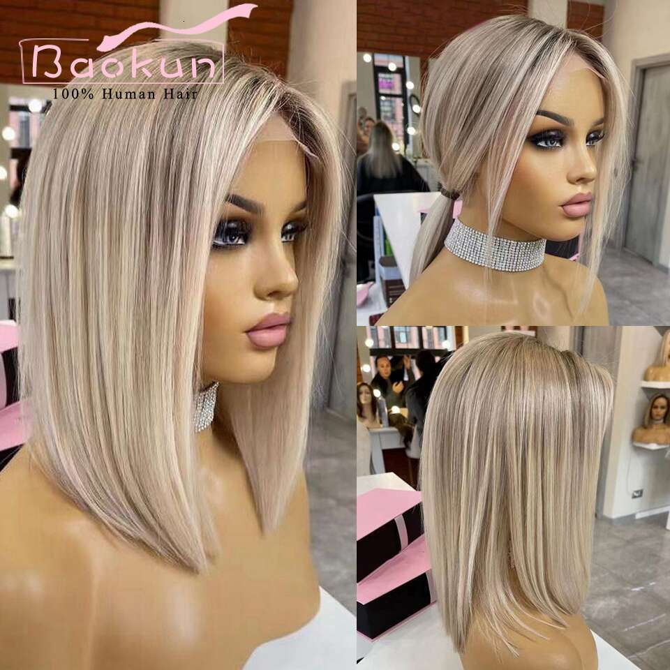 13X4 Short Ash Blonde 360 Frontal Wig Highlight Bob Straight Lace Front Wigs For Women Human Hair