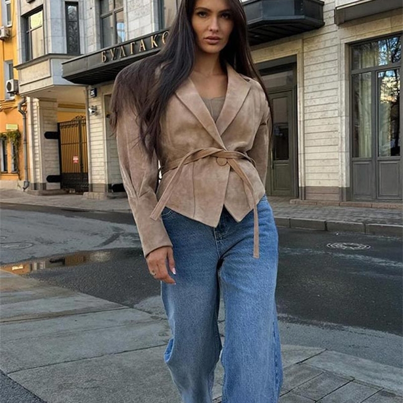 Women High Street Leather Jacket 2024 Autumn Winter Versatile Brown Long Sleeves V-neck Lace-up Coats Causal Chic Female Outwear 240911