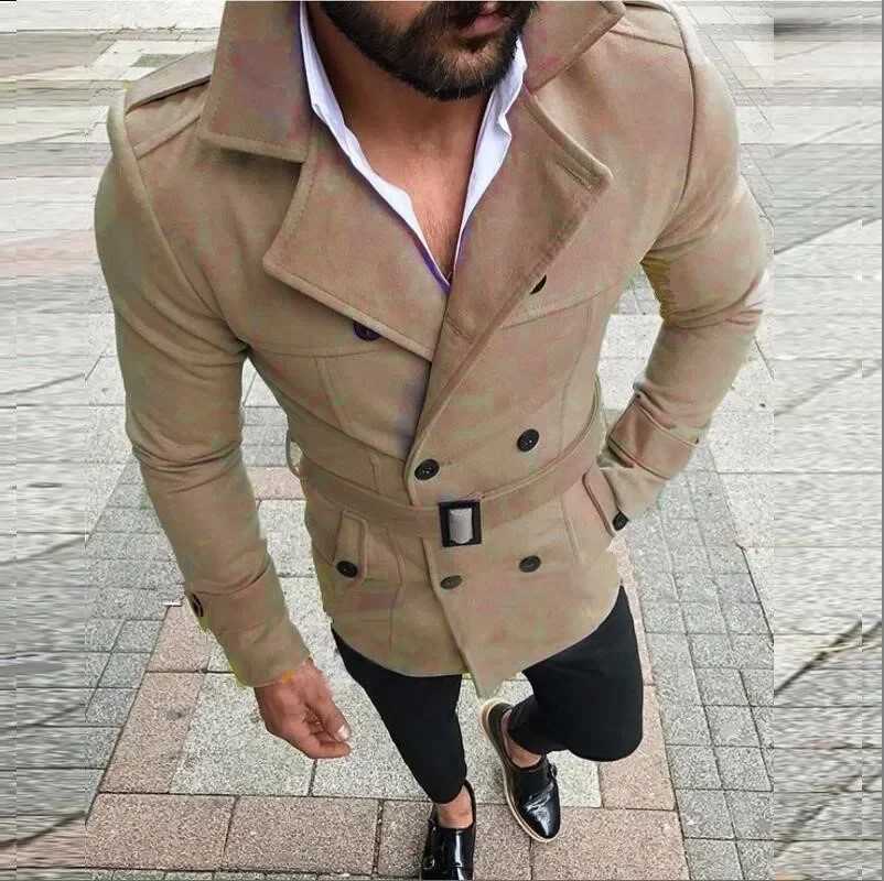 Fashion Men Woolen Jackets Autumn Winter Lapel Double Button Windbreaker Trench Coat Belt Cold Resistance Mid-Long Overcoat Y240918