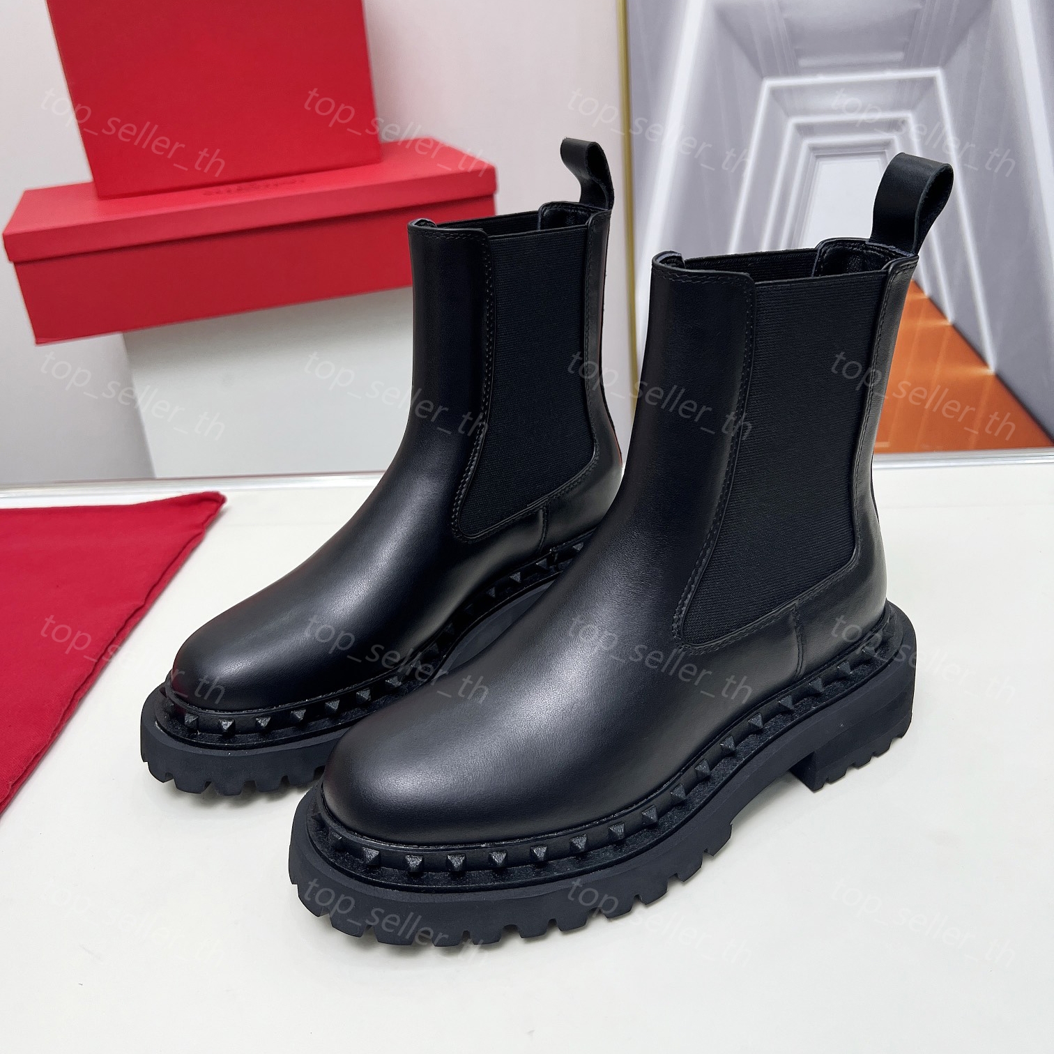 2025--Knee-high Designer Boots Women High Boot Rock Stud Black Leather Suede Velvet Thick Sole Winter Booties Dress Shoe Size 35-42