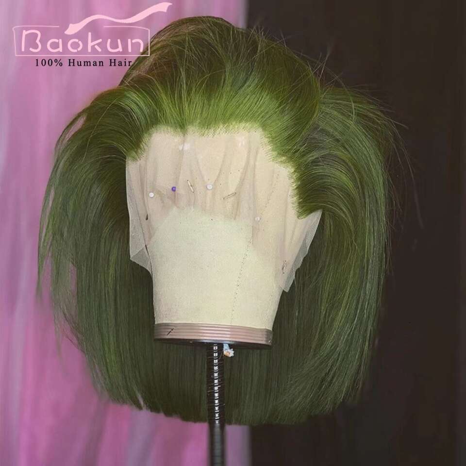 Dark Green Short 200 Density 13X6 HD Frontal Wig Pre Plucked 13X4 Bob Straight Lace Front Wigs Human Hair