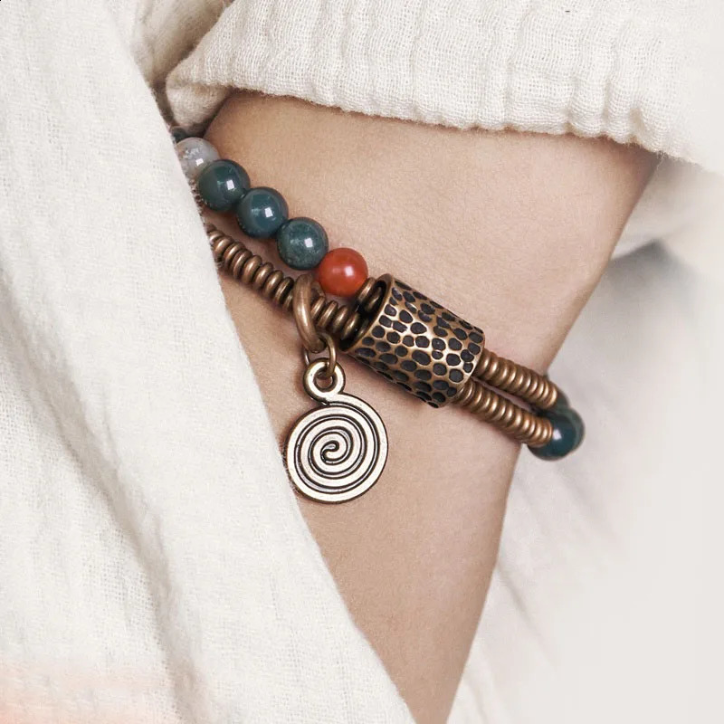 Small beads two rows of mossy stone chain bracelets green ocean grass hands Beatles copper charm jewelry womens amulets 240918