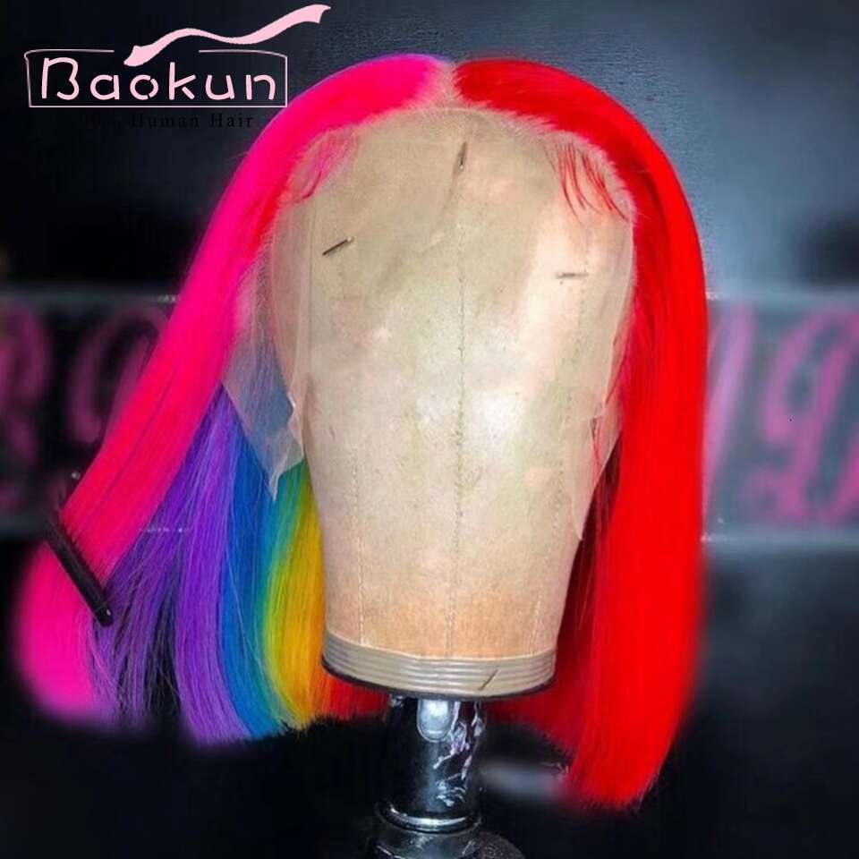 13X4 Rainbow Highlight Red Green 13X6 HD Frontal Wig Short Straight Bob Lace Front Wigs Human Hair For Women