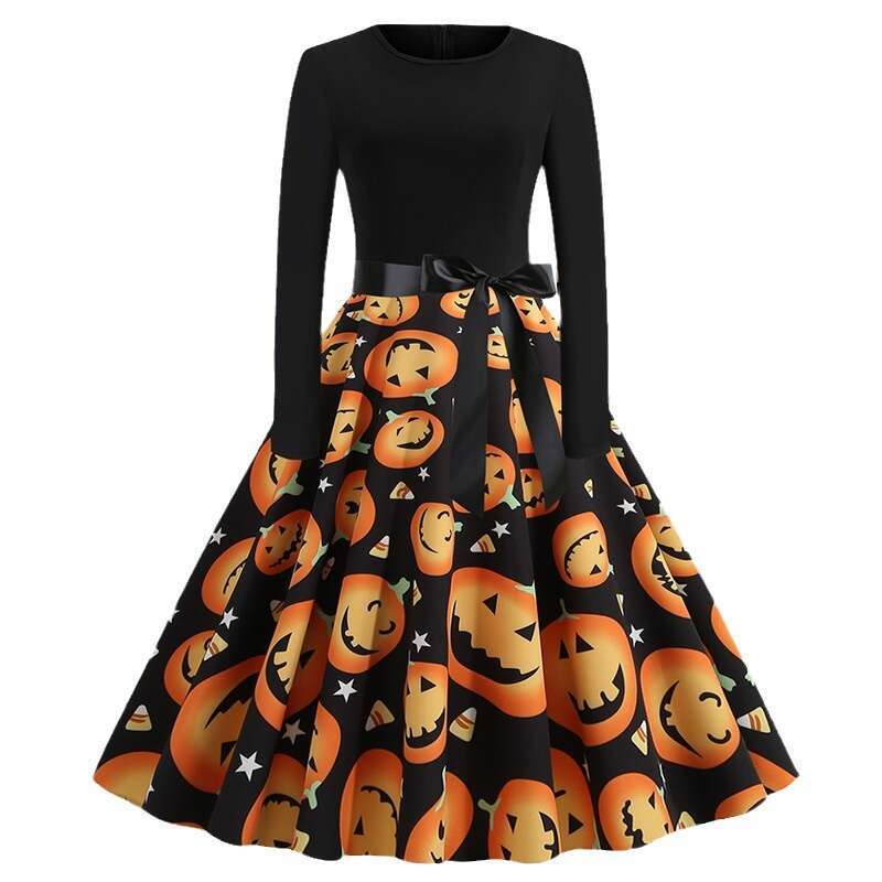 Hallowmas Printed Dress with Round Neck Sexy and Straight Volume Big Discount Chiffon Floral Dress Sexy Dress Self-cultivation Temperament Denim Dress