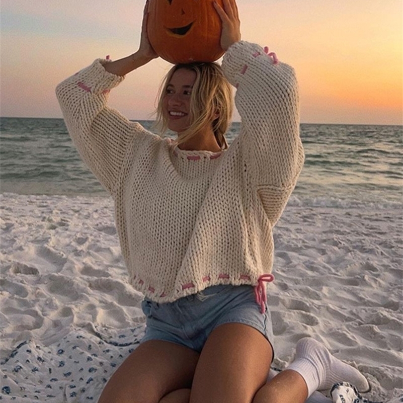 Casual Skew Neck Knit Pullover Women Loose Lace Up Sweater Female 2024 Autumn Off Shoulder Patchwork Long Sleeves Top Lady 240911