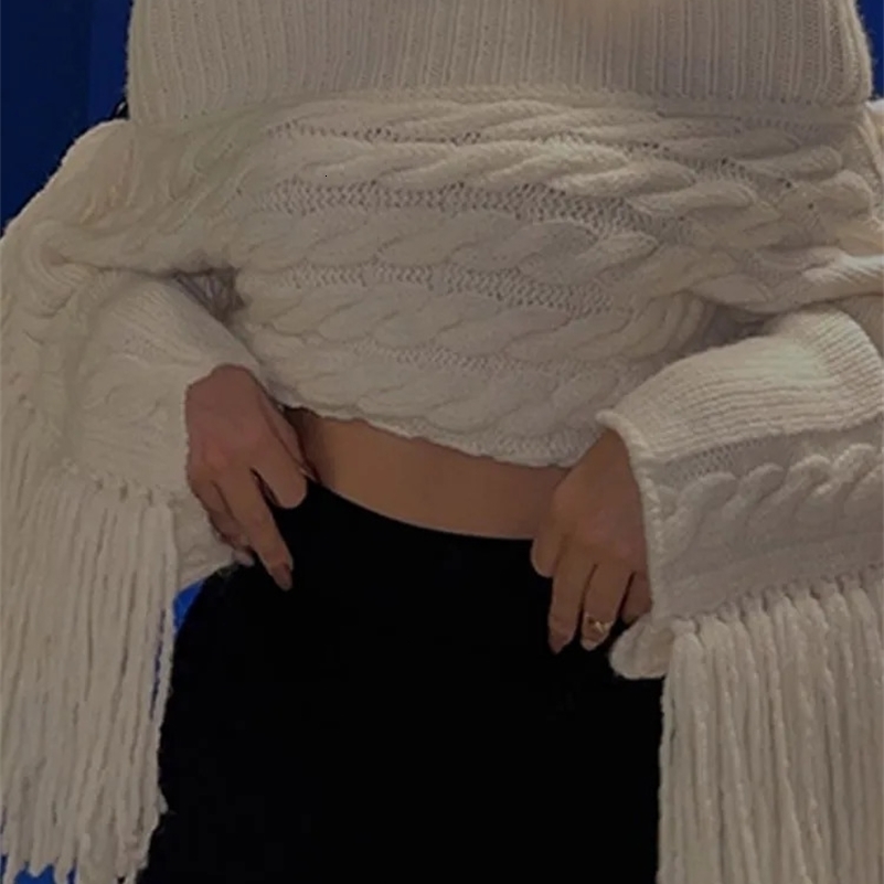 Tassels Solid Women Sweater Off Shoulder Knitted Female Pullover 2024 Autumn Elegant Casual Loose Long Sleeves Lady Sweaters 240911