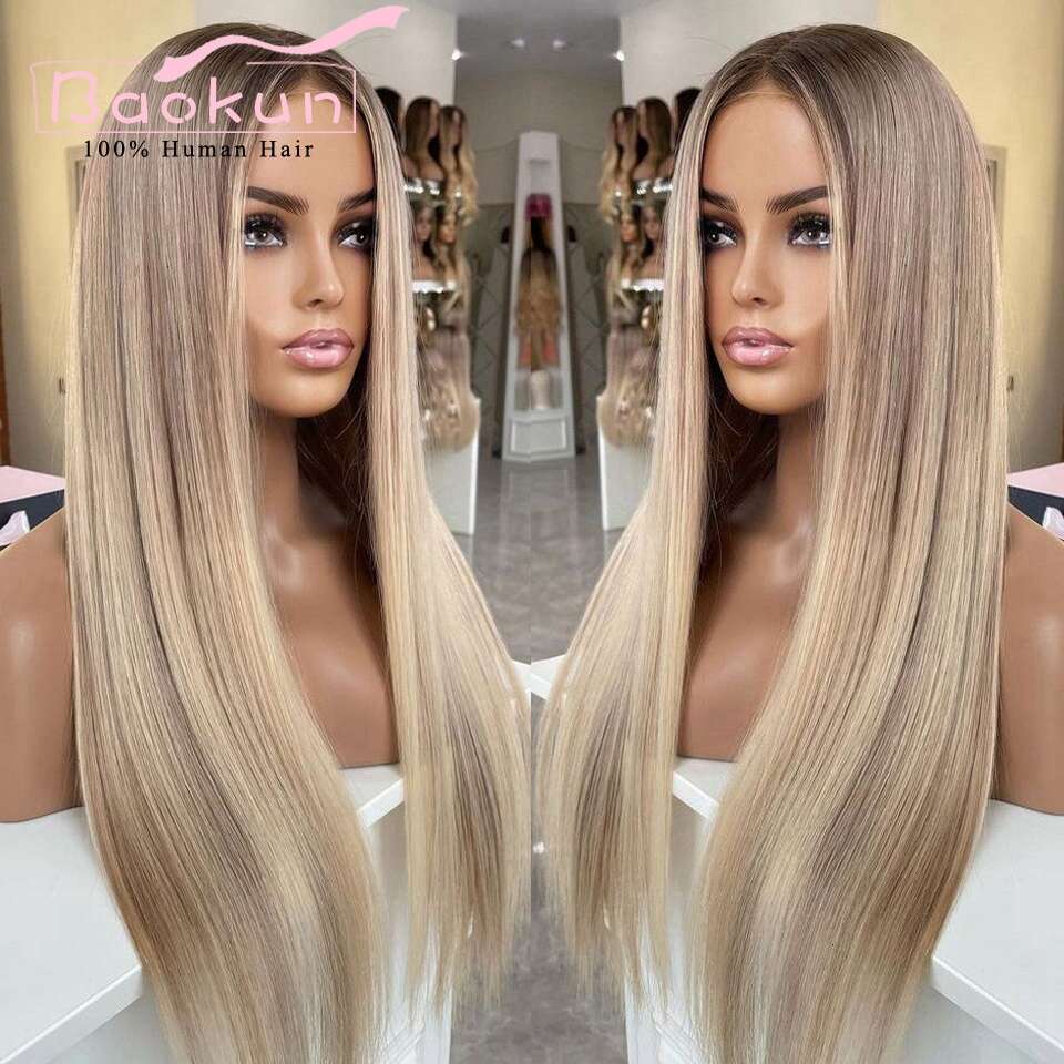 13X4 Ash Blonde Highlight Transparent 13X6 HD Frontal Wig Preplucked 360 Straight Lace Front Wigs Human Hair