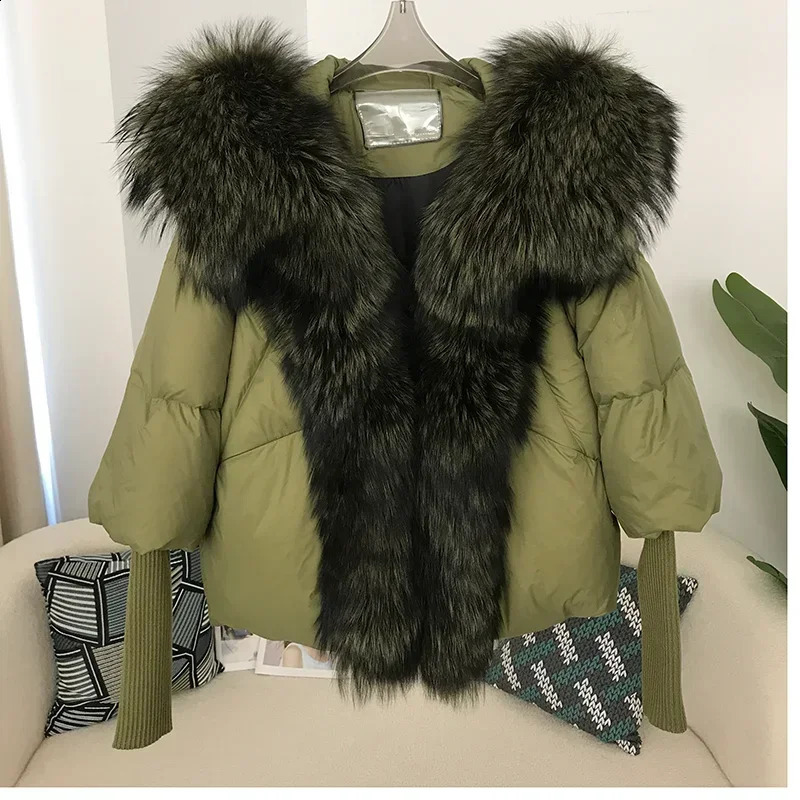 genuine fox fur collar hooded winter jacket for women natural thick and loose oversized duck down coat 240911