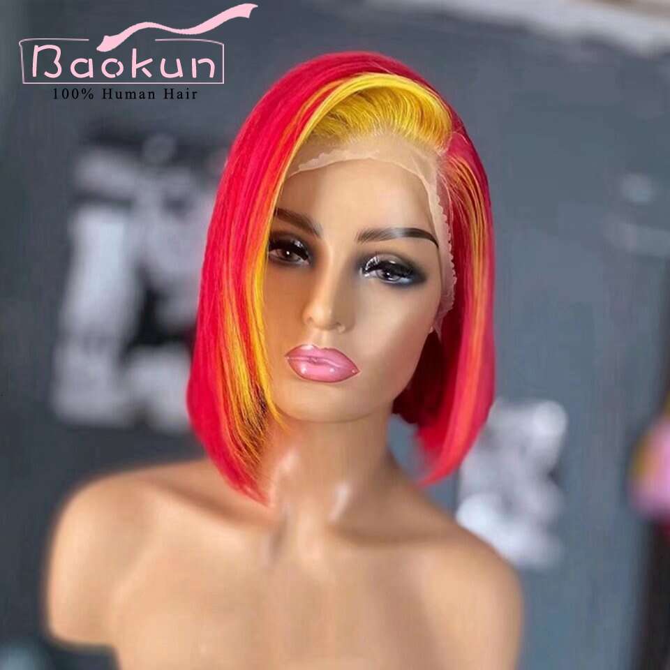13X4 Highlight Bob Front Red Yellow Transparent 13X6 HD Lace Frontal Wig Short Straight Human Hair Wigs