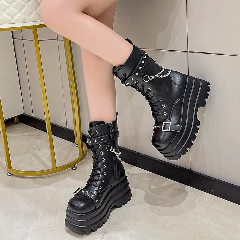Platform Thick Gothic Boots Womens Buckle Autumn Shoes Womens Wedge Knee High Boots Punk Street Role Playing Botas Motorcycle Chain 240914