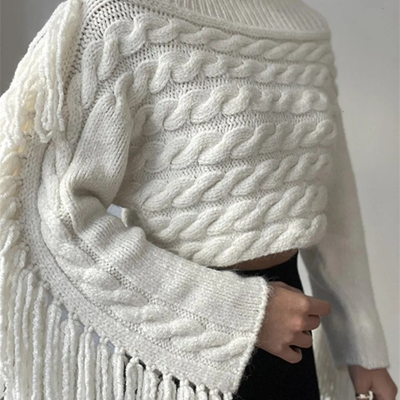 Tassels Solid Women Sweater Off Shoulder Knitted Female Pullover 2024 Autumn Elegant Casual Loose Long Sleeves Lady Sweaters 240911