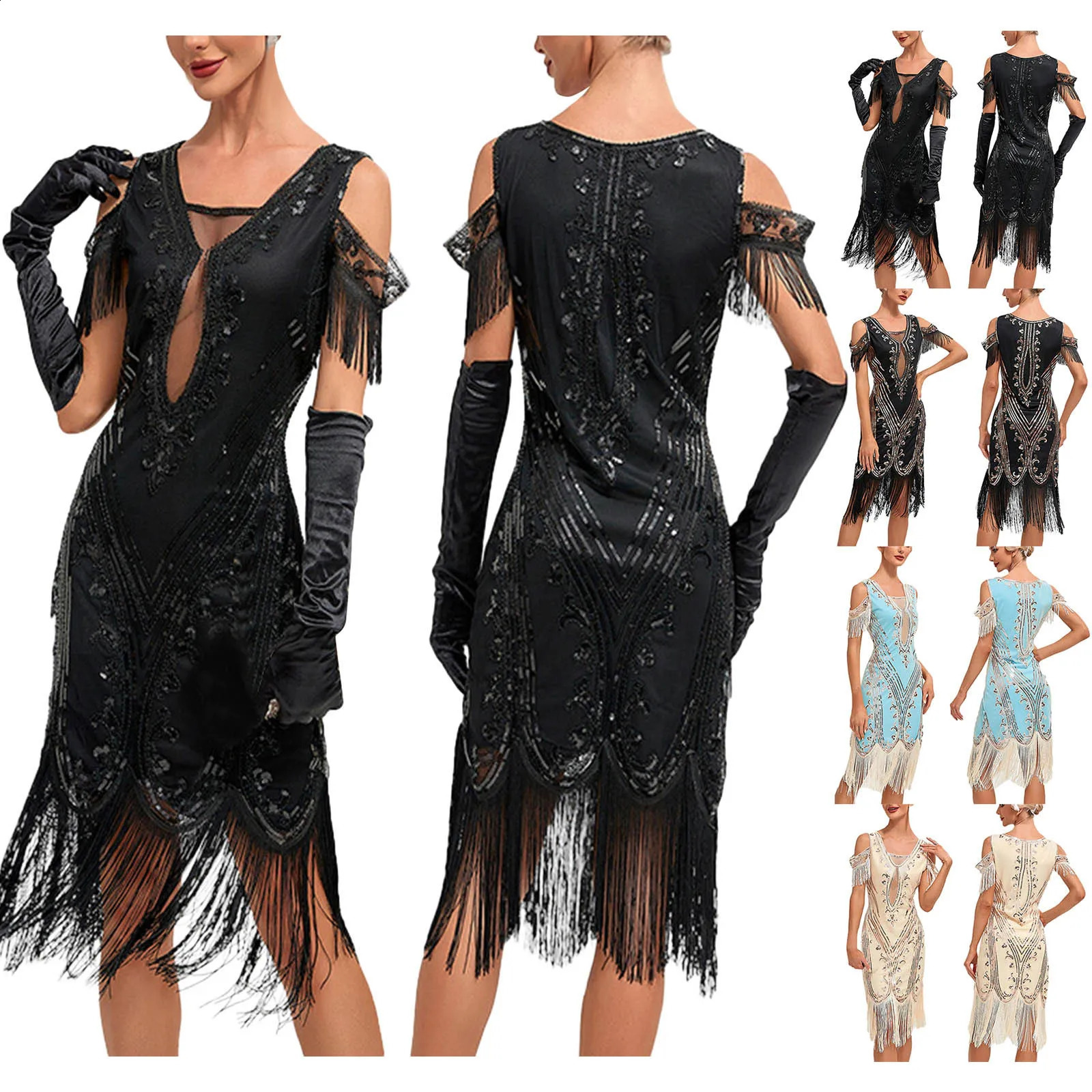 1920s vintage Flapper Great Gatsby party dress Vneck sleeveless sequin beaded style tassel Vestitos Feminina 1920 240914