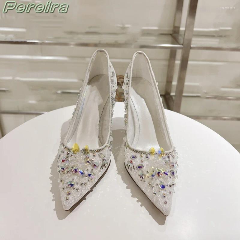 2025 S Fashion Designer Sandals Pereira Crystal Wers Stiletto Pointed Toe High Heels Cover Heel Slip On Colorful Rhie Women Wedding Shoes